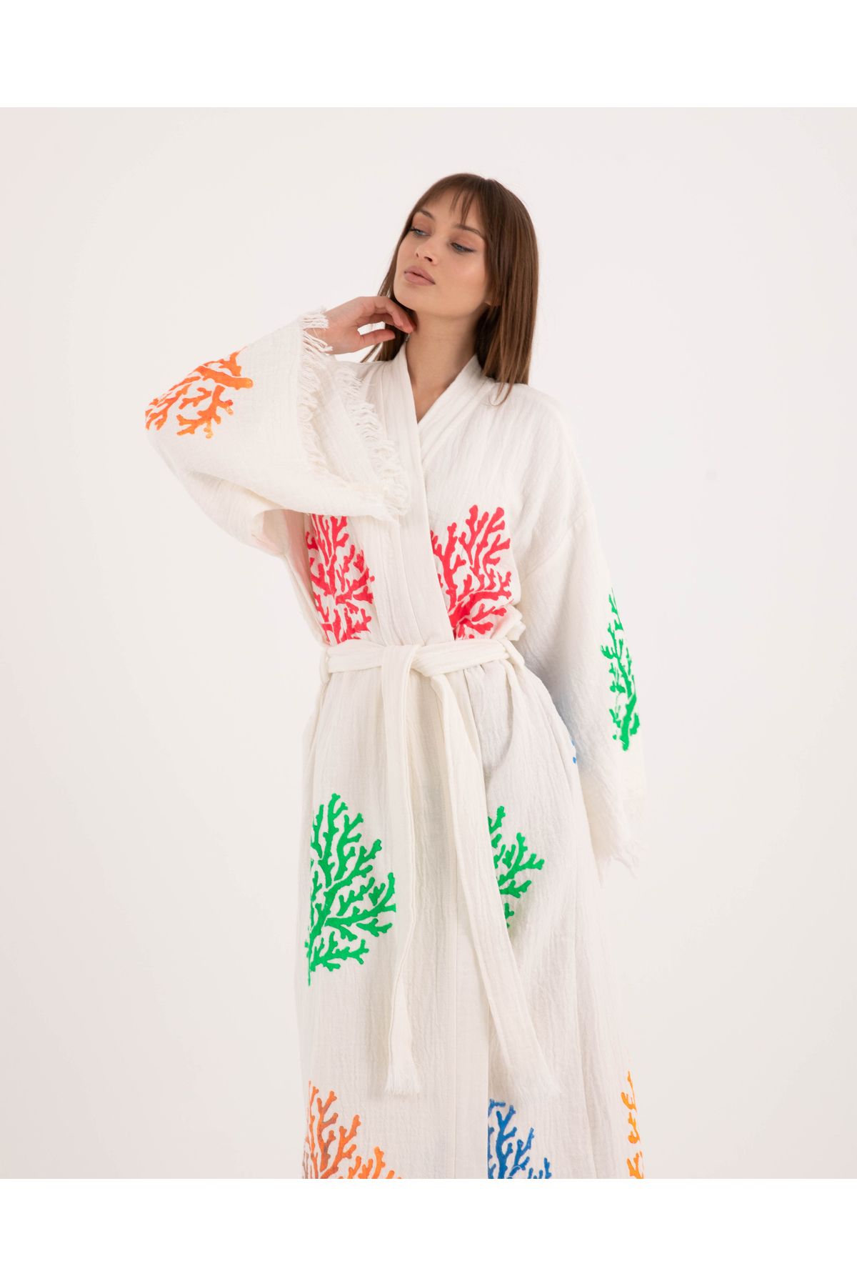 Bornoz ,plaj Kıyafeti,kimono , Kaftan ,Sabahlık & rengarenk Mercan Desen Baskılı