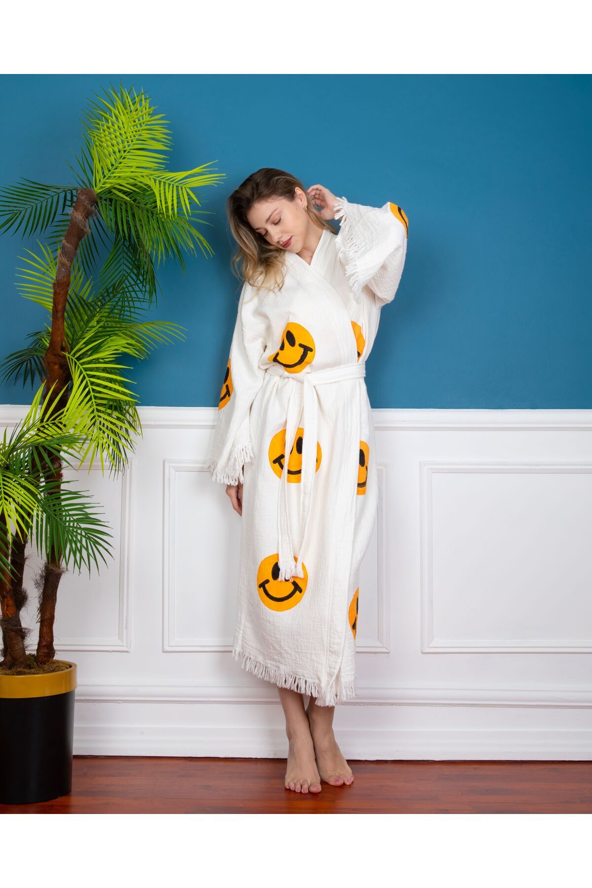 Bornoz ,Plaj Kıyafeti, Kimono , Kaftan ,Sabahlık Gülen Emoji Desen Baskılı