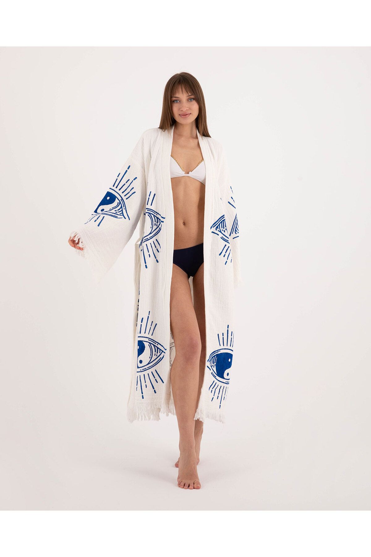 Bornoz ,plaj Kıyafeti,kimono , Kaftan ,sabahlık Ying Yang Mavi Göz Desen Baskılı