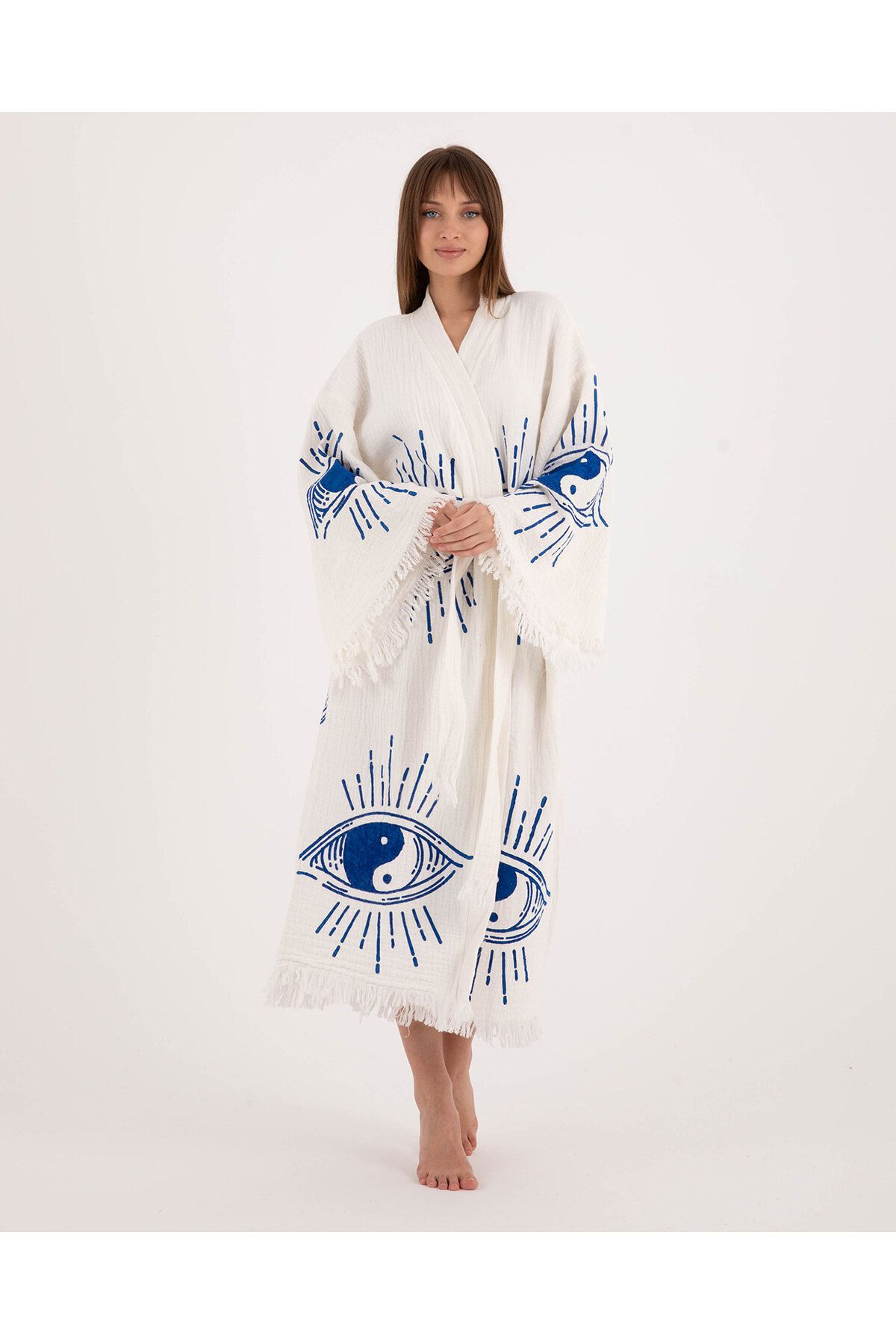Bornoz ,plaj Kıyafeti,kimono , Kaftan ,sabahlık Ying Yang Mavi Göz Desen Baskılı