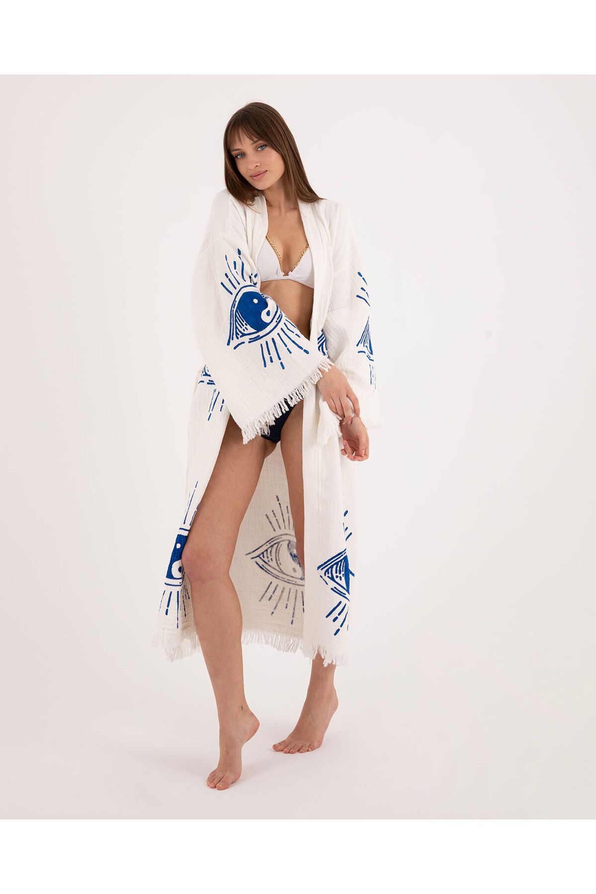 Bornoz ,plaj Kıyafeti,kimono , Kaftan ,sabahlık Ying Yang Mavi Göz Desen Baskılı