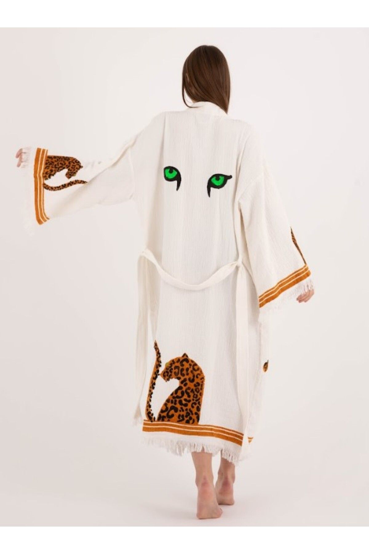 Bornoz ,plaj Kıyafeti,kimono , Kaftan ,sabahlık Kol Ve Etek Leopar Detay Baskılı