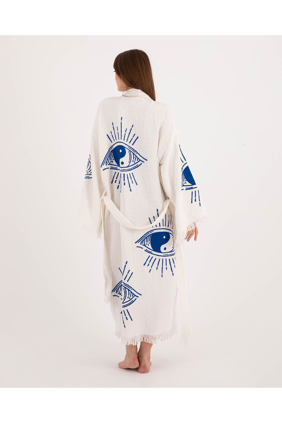 Bornoz ,plaj Kıyafeti,kimono , Kaftan ,sabahlık Ying Yang Mavi Göz Desen Baskılı