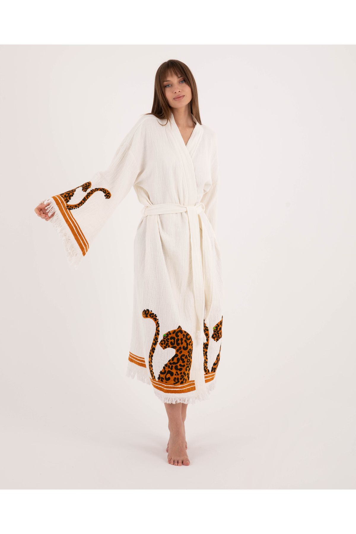 Bornoz ,plaj Kıyafeti,kimono , Kaftan ,sabahlık Kol Ve Etek Leopar Detay Baskılı