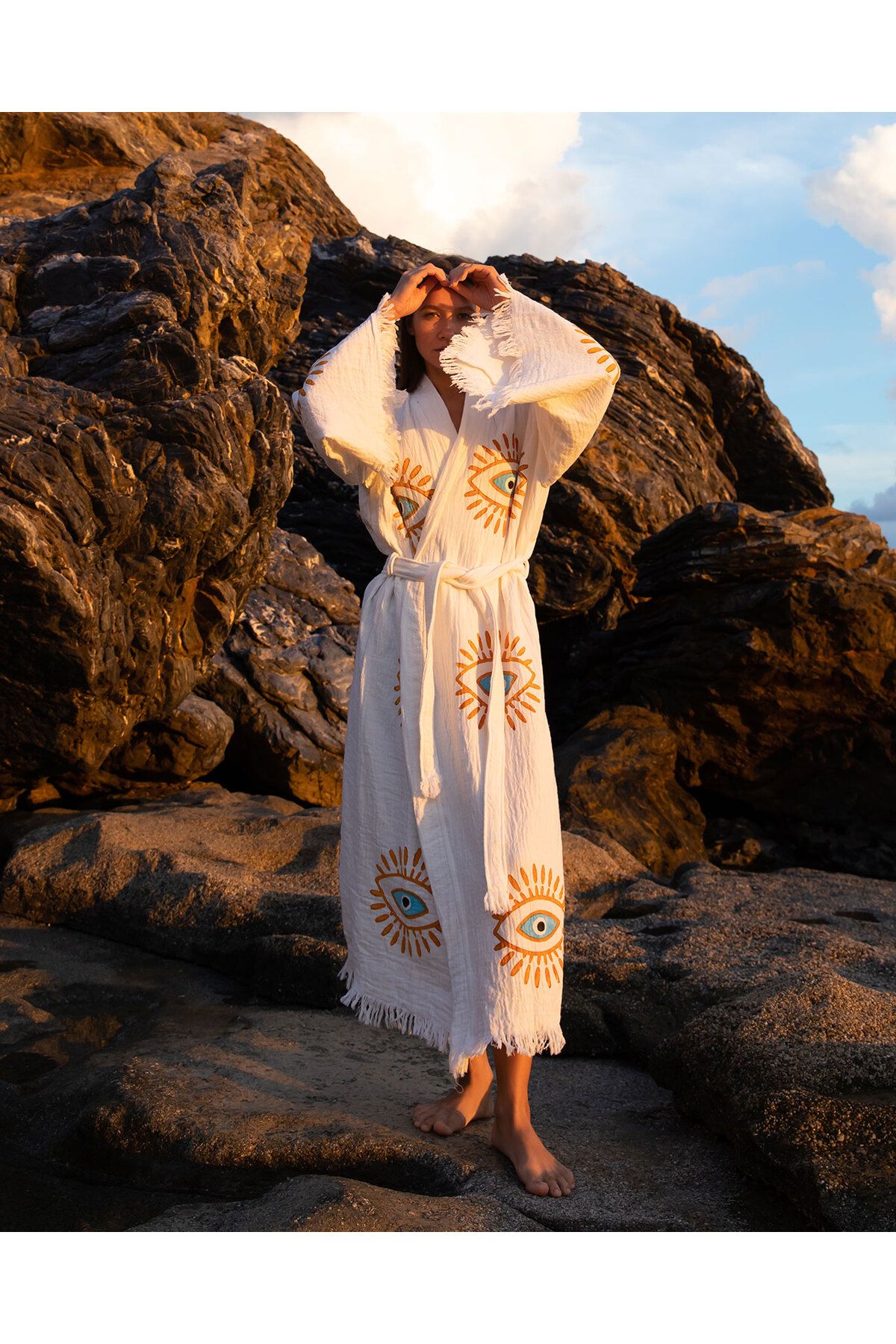 Bornoz ,plaj Kıyafeti,kimono , Kaftan ,sabahlık Altın Göz Desen Baskılı