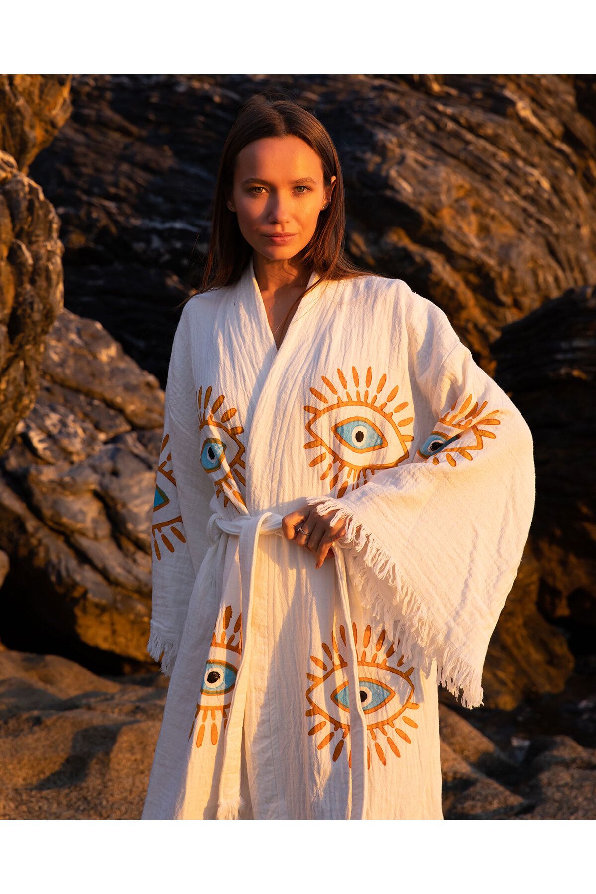 Bornoz ,plaj Kıyafeti,kimono , Kaftan ,sabahlık Altın Göz Desen Baskılı