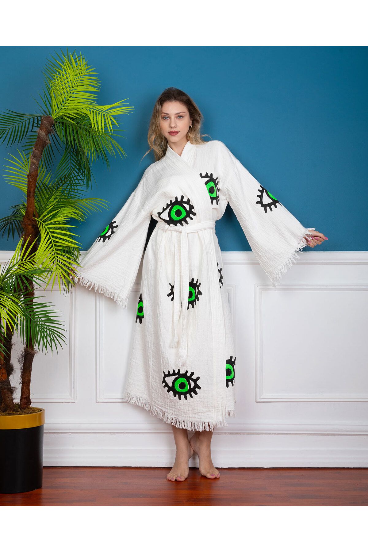 Bornoz ,plaj Kıyafeti,kimono , Kaftan ,sabahlık Içi Renkli Neon Göz Desen Baskılı