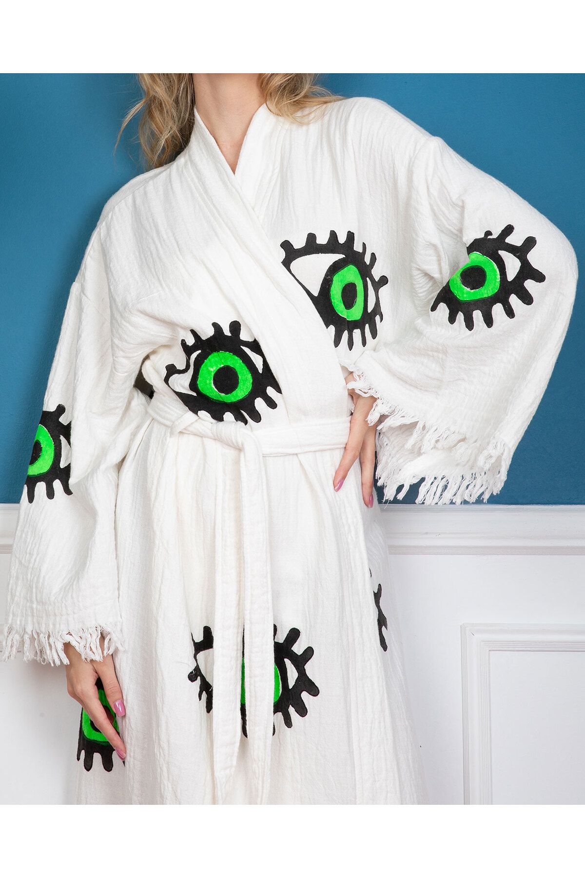 Bornoz ,plaj Kıyafeti,kimono , Kaftan ,sabahlık Içi Renkli Neon Göz Desen Baskılı