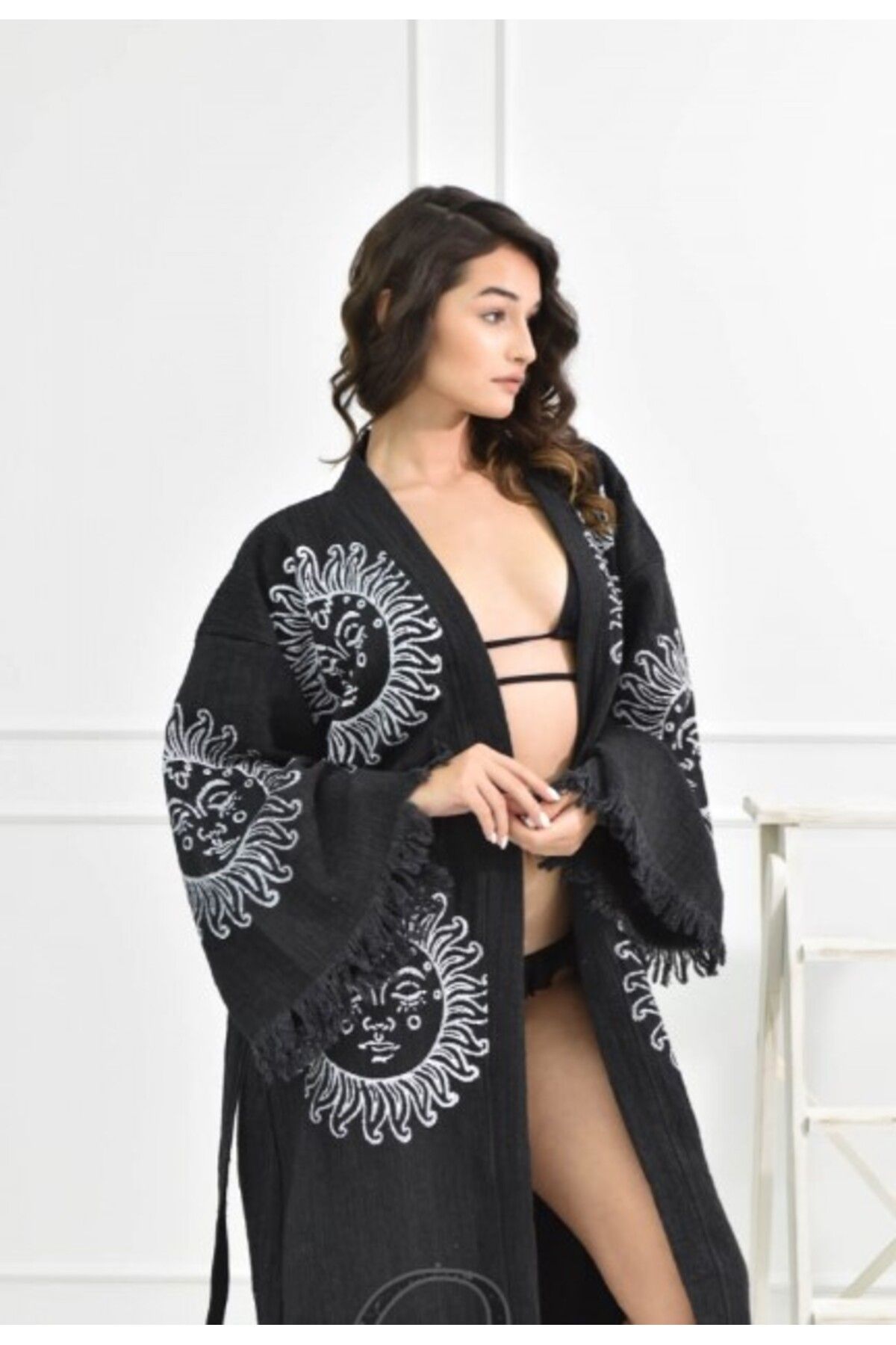 Bornoz ,plaj Kıyafeti,kimono , Kaftan ,sabahlık Siyah Kumaş Güneş Desen Baskılı