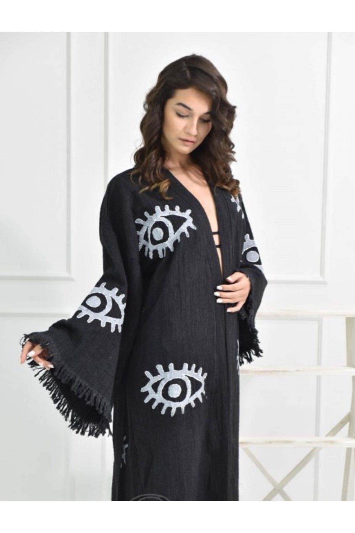 Bornoz ,plaj Kıyafeti,kimono , Kaftan ,sabahlık Siyah Kumaş Büyük Göz Desen Baskılı