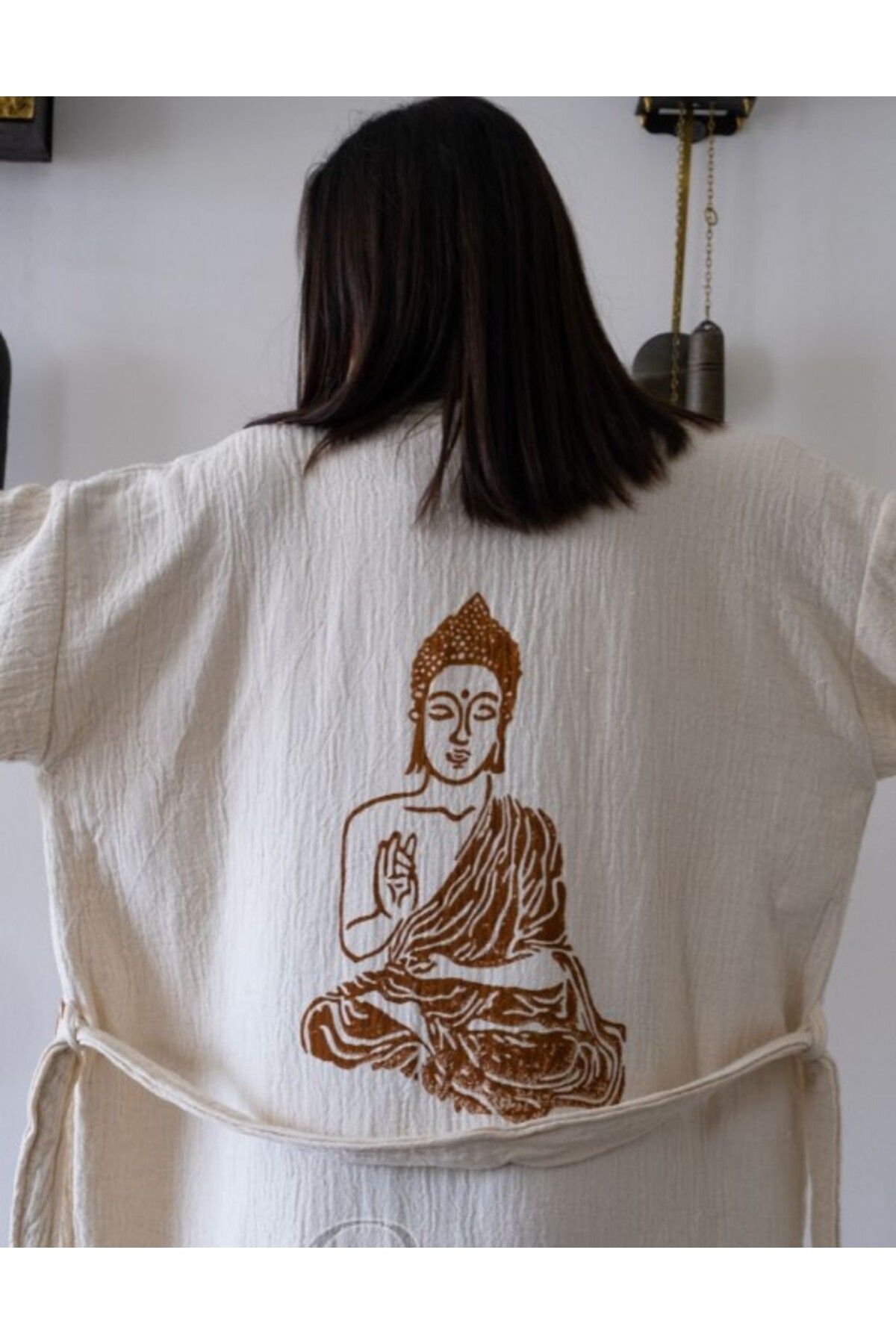Bornoz ,plaj Kıyafeti,kimono , Kaftan ,sabahlık Kahverengi Buda Desen Baskılı
