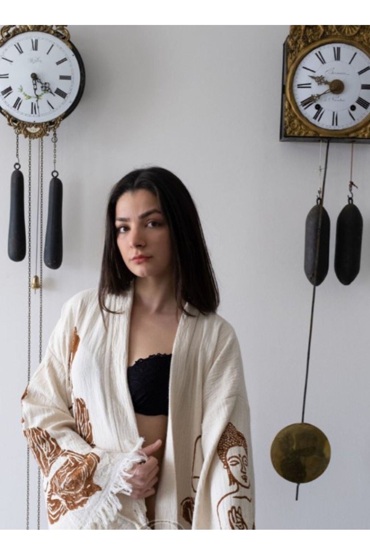 Bornoz ,plaj Kıyafeti,kimono , Kaftan ,sabahlık Kahverengi Buda Desen Baskılı
