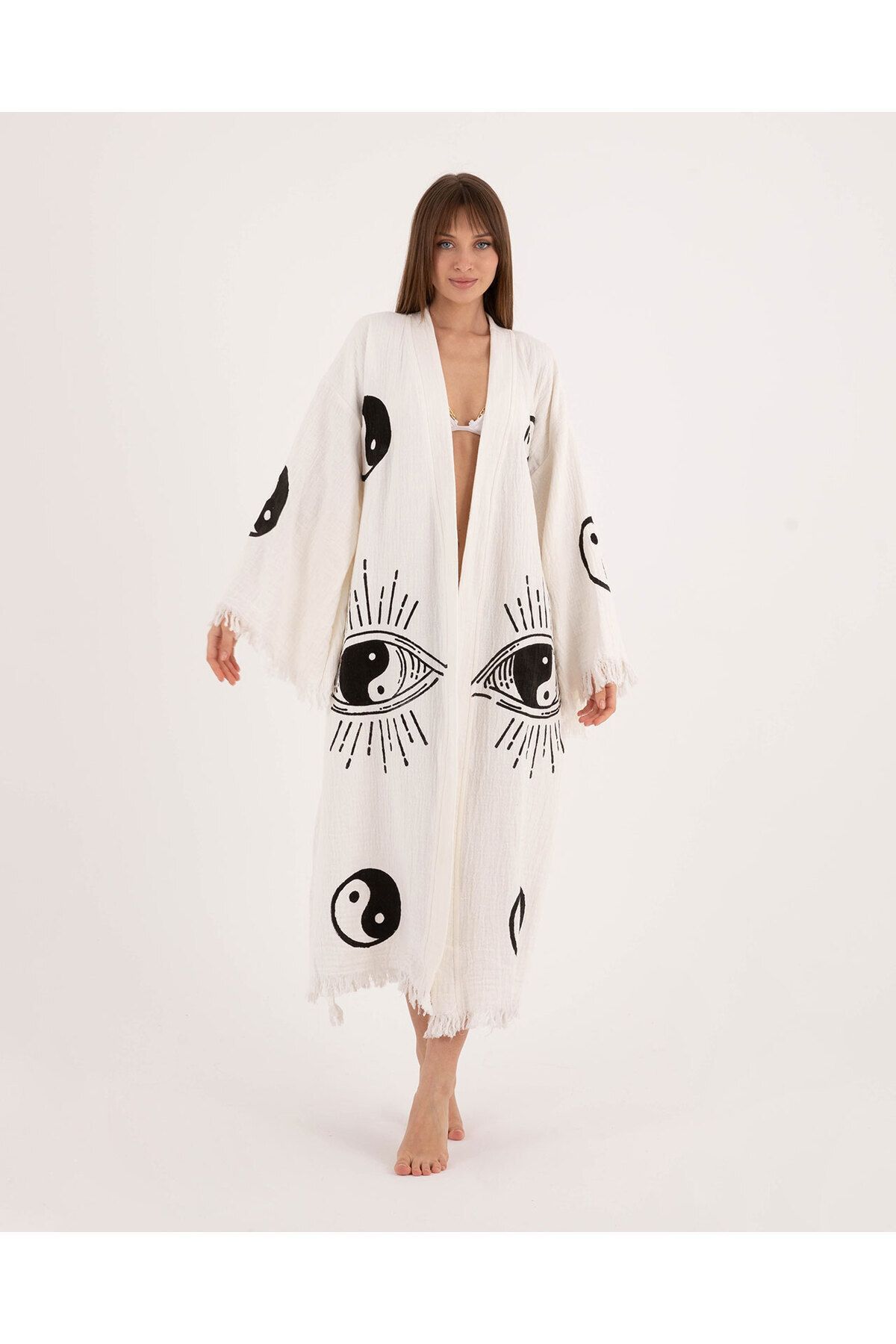 Bornoz ,plaj Kıyafeti,kimono , Kaftan , Sabahlık Ying Yang Göz Desen Baskılı