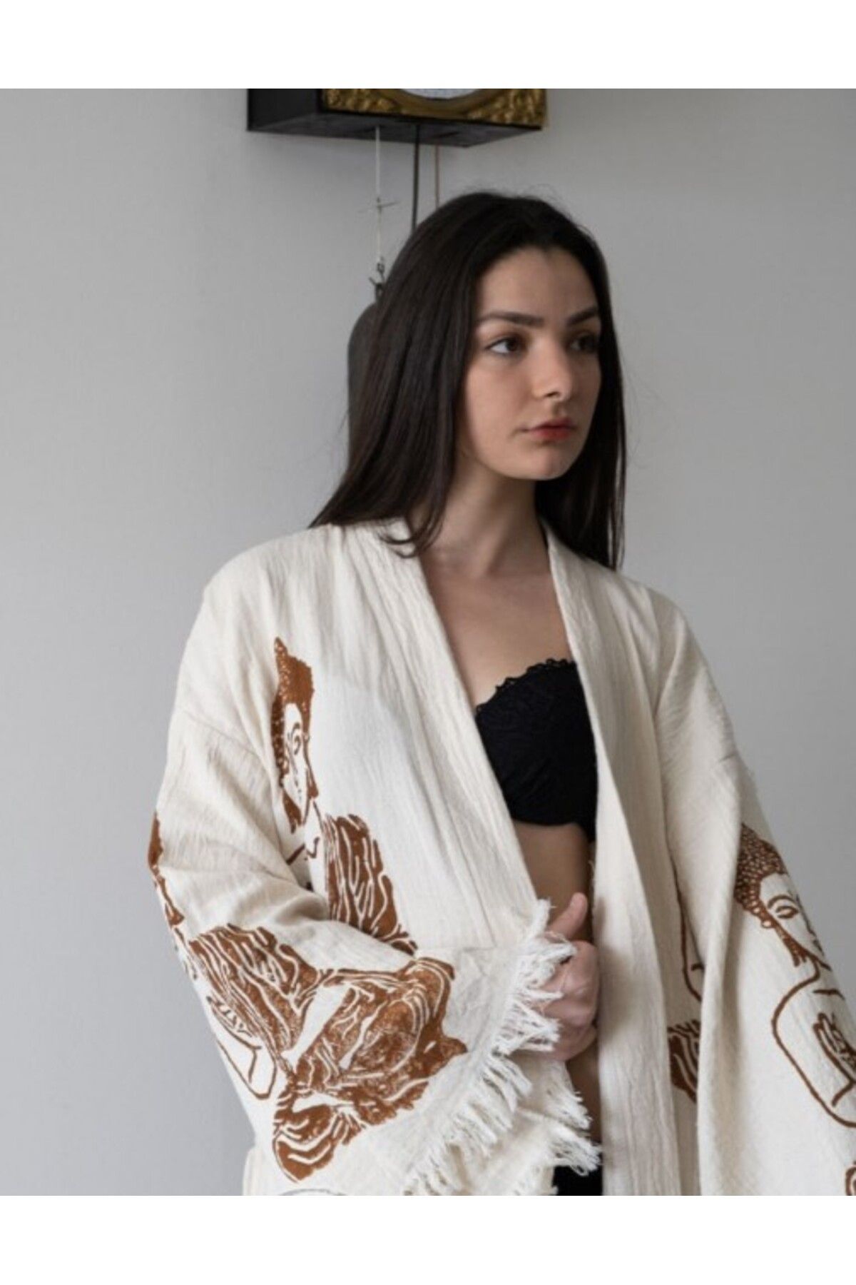 Bornoz ,plaj Kıyafeti,kimono , Kaftan ,sabahlık Kahverengi Buda Desen Baskılı