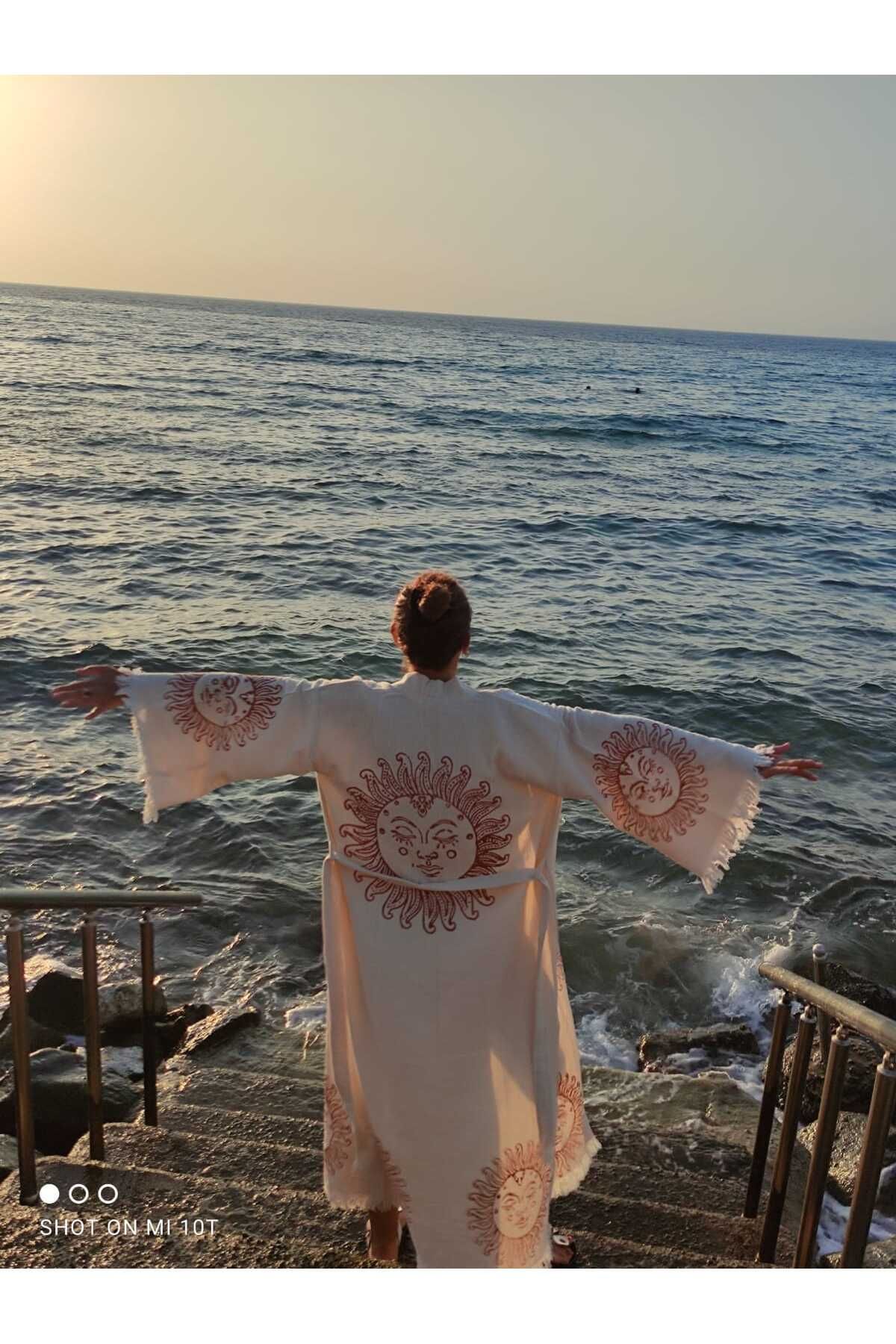 Bornoz ,plaj Kıyafeti,kimono , Kaftan ,sabahlık Ham Kumaş Kızıl Güneş Desen Baskılı