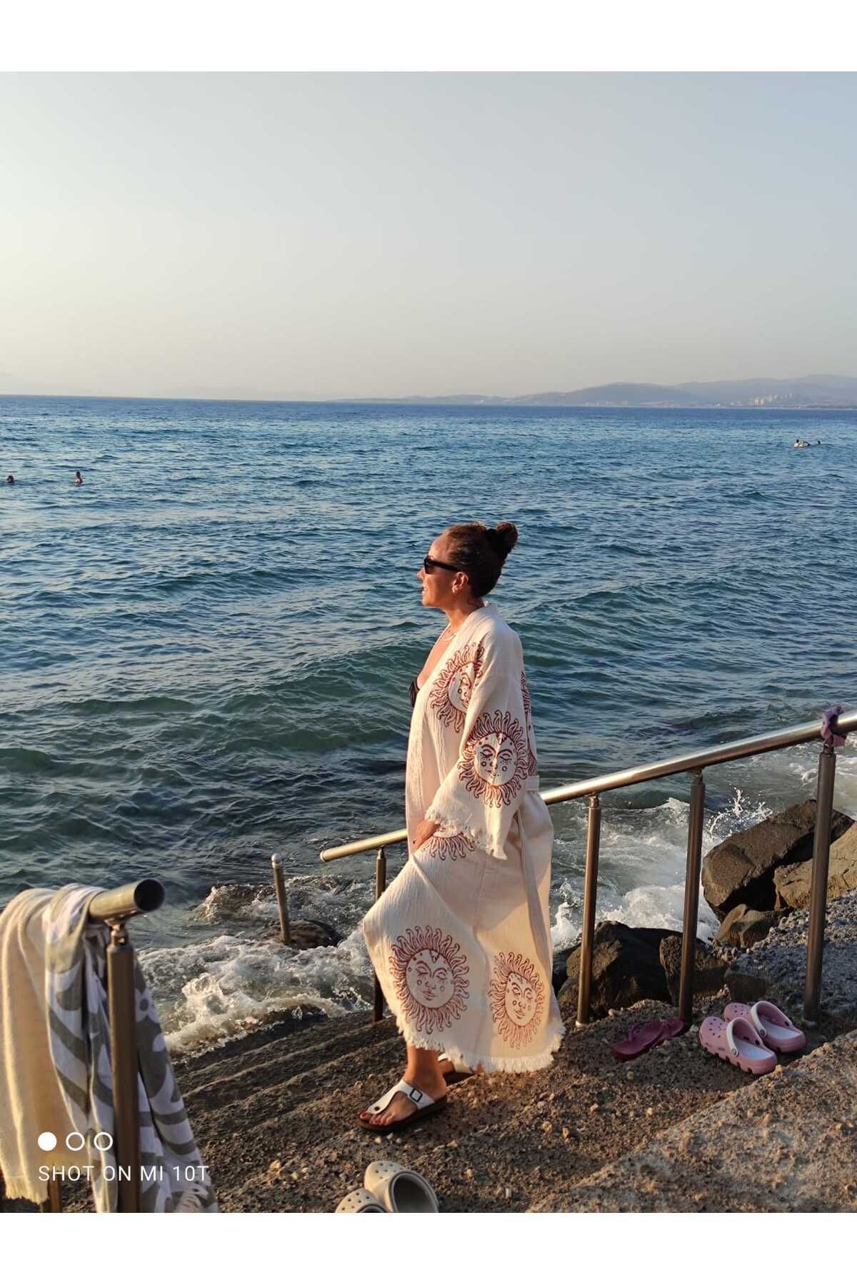 Bornoz ,plaj Kıyafeti,kimono , Kaftan ,sabahlık Ham Kumaş Kızıl Güneş Desen Baskılı