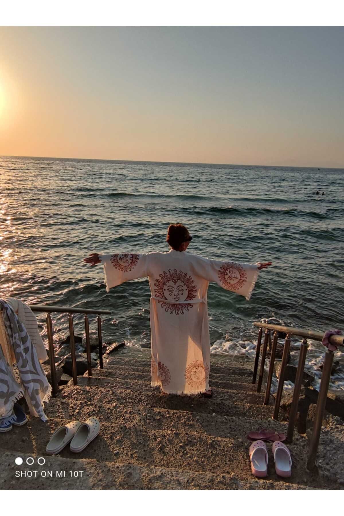 Bornoz ,plaj Kıyafeti,kimono , Kaftan ,sabahlık Ham Kumaş Kızıl Güneş Desen Baskılı