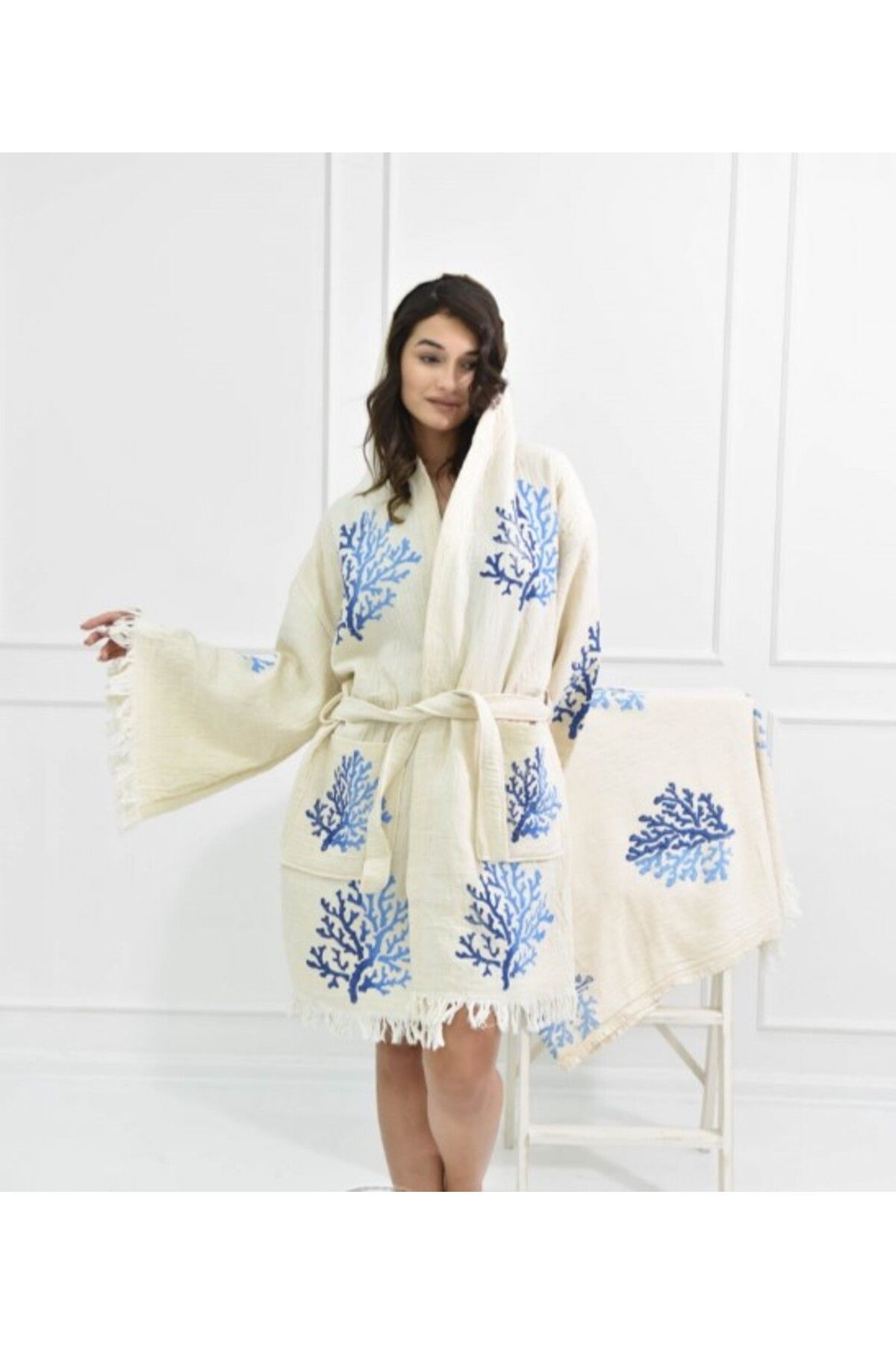 Bornoz ,plaj Kıyafeti,kimono , Kaftan ,sabahlık Mavi Mercan Baskılı Boy Kısa