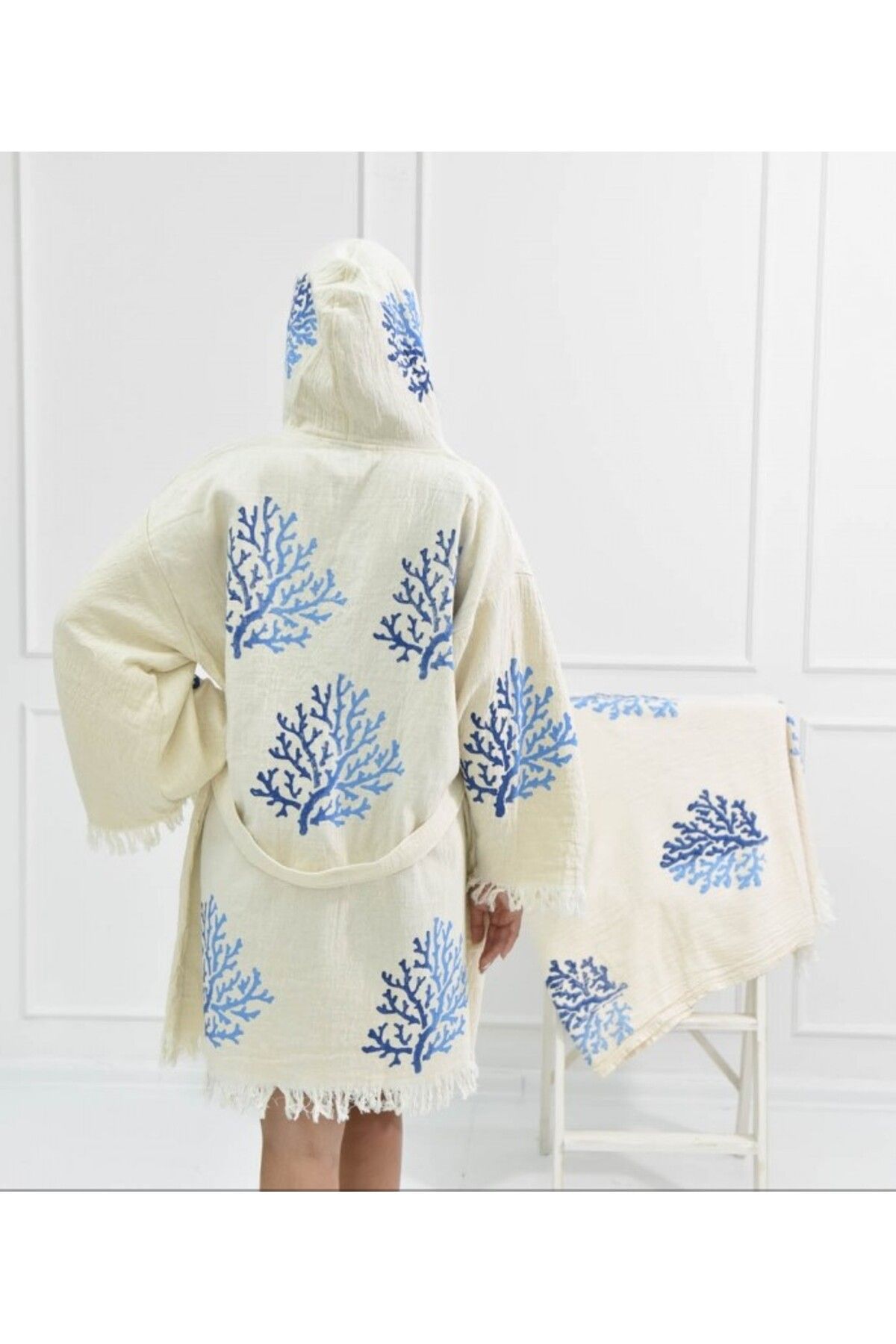 Bornoz ,plaj Kıyafeti,kimono , Kaftan ,sabahlık Mavi Mercan Baskılı Boy Kısa