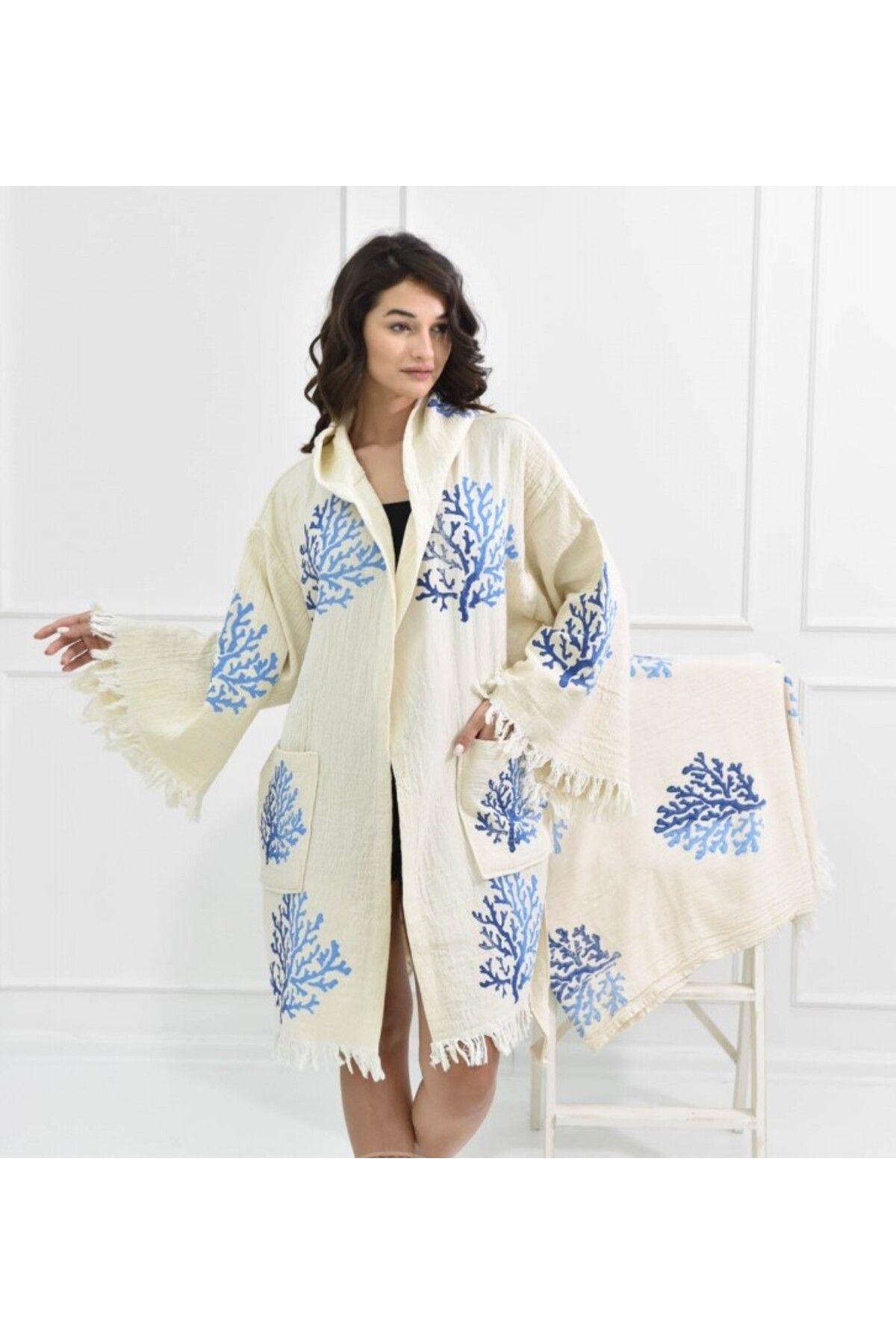Bornoz ,plaj Kıyafeti,kimono , Kaftan ,sabahlık Mavi Mercan Baskılı Boy Kısa