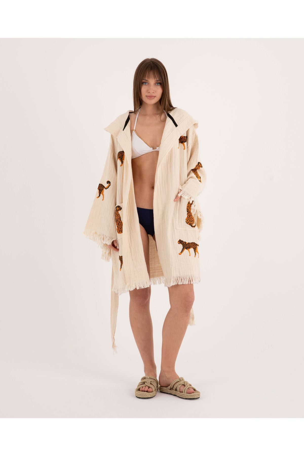 Bornoz ,Plaj Kıyafeti,Kimono , Kaftan ,Sabahlık & Leopar Desenli Kapüşonlu Kısa