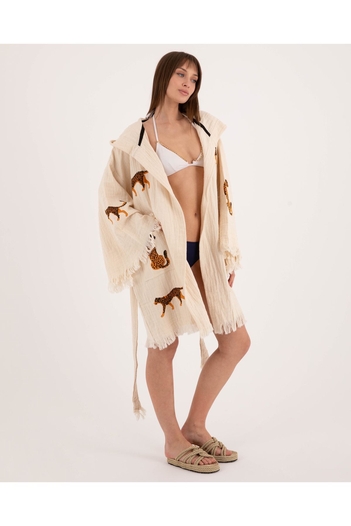 Bornoz ,Plaj Kıyafeti,Kimono , Kaftan ,Sabahlık & Leopar Desenli Kapüşonlu Kısa