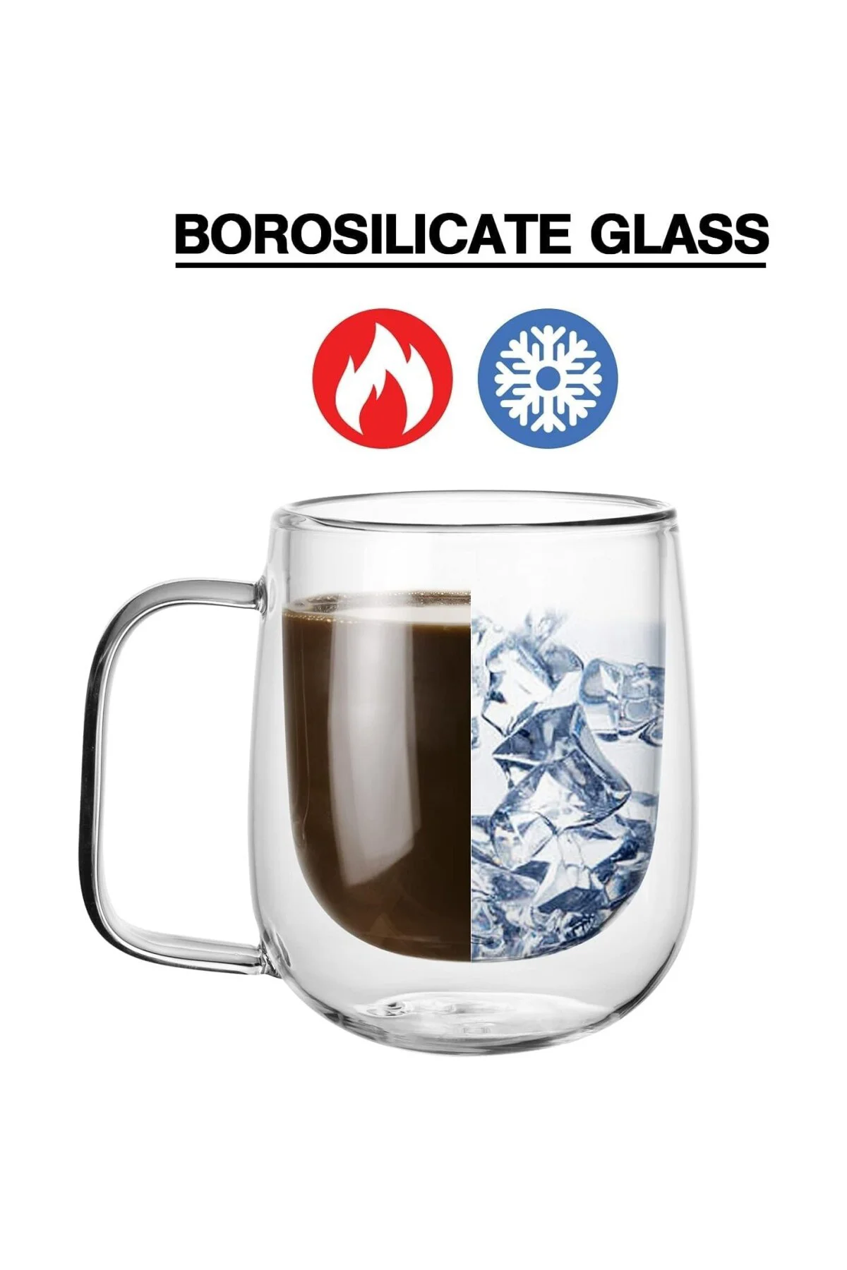 Borosilikat 2 Adet Çift Cidarlı Kupa Bardak, 250 Ml Kulplu Cam Çay Kahve Süt Kupa Borosilikat B