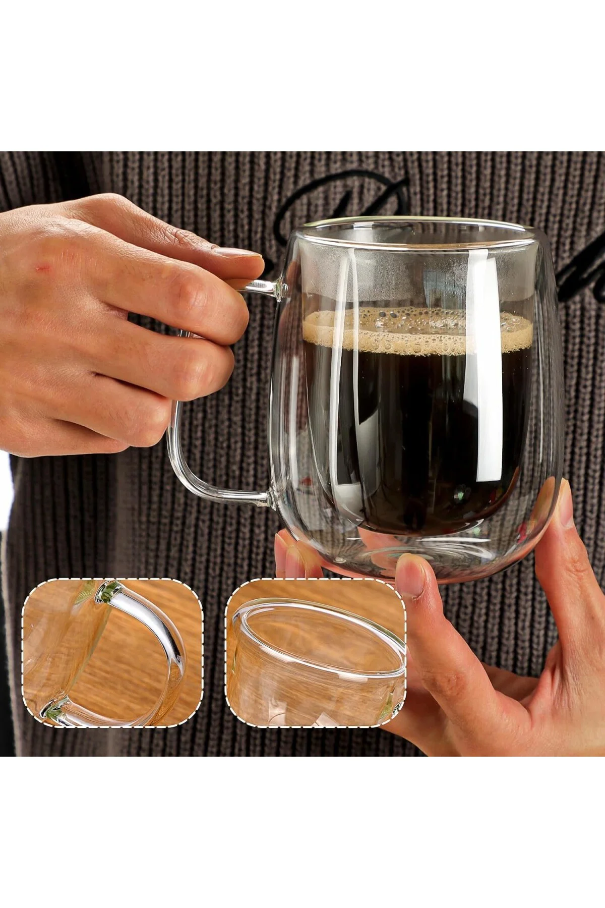 Borosilikat 2 Adet Çift Cidarlı Kupa Bardak, 250 Ml Kulplu Cam Çay Kahve Süt Kupa Borosilikat B