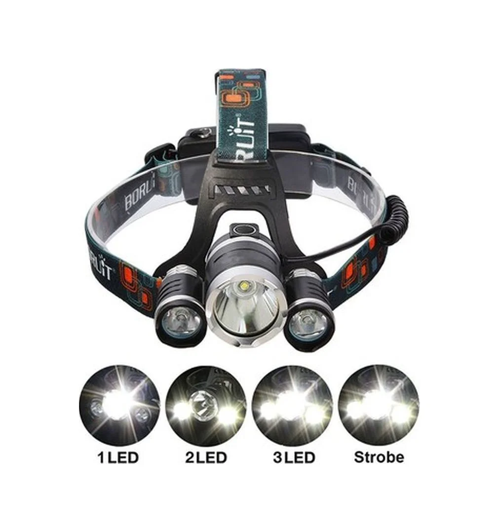 Boruit T6 Kafa Feneri 5000 Lumens 3xcree Xm-t6+2r5 Lamba Led Kamp Lambası Diğer
