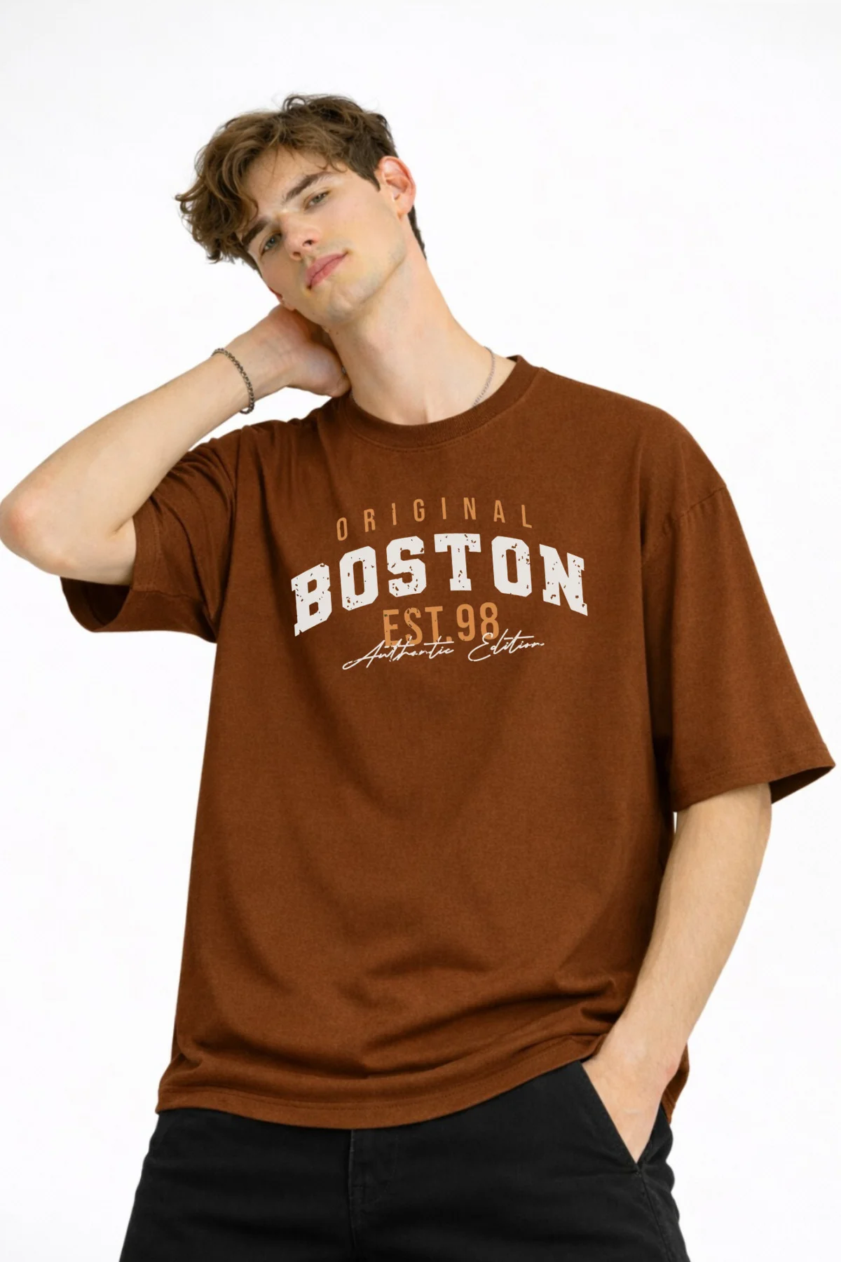 Boston - Baskılı Oversize Tişört KAHVE Fiyatı, Yorumları ve Özellikleri