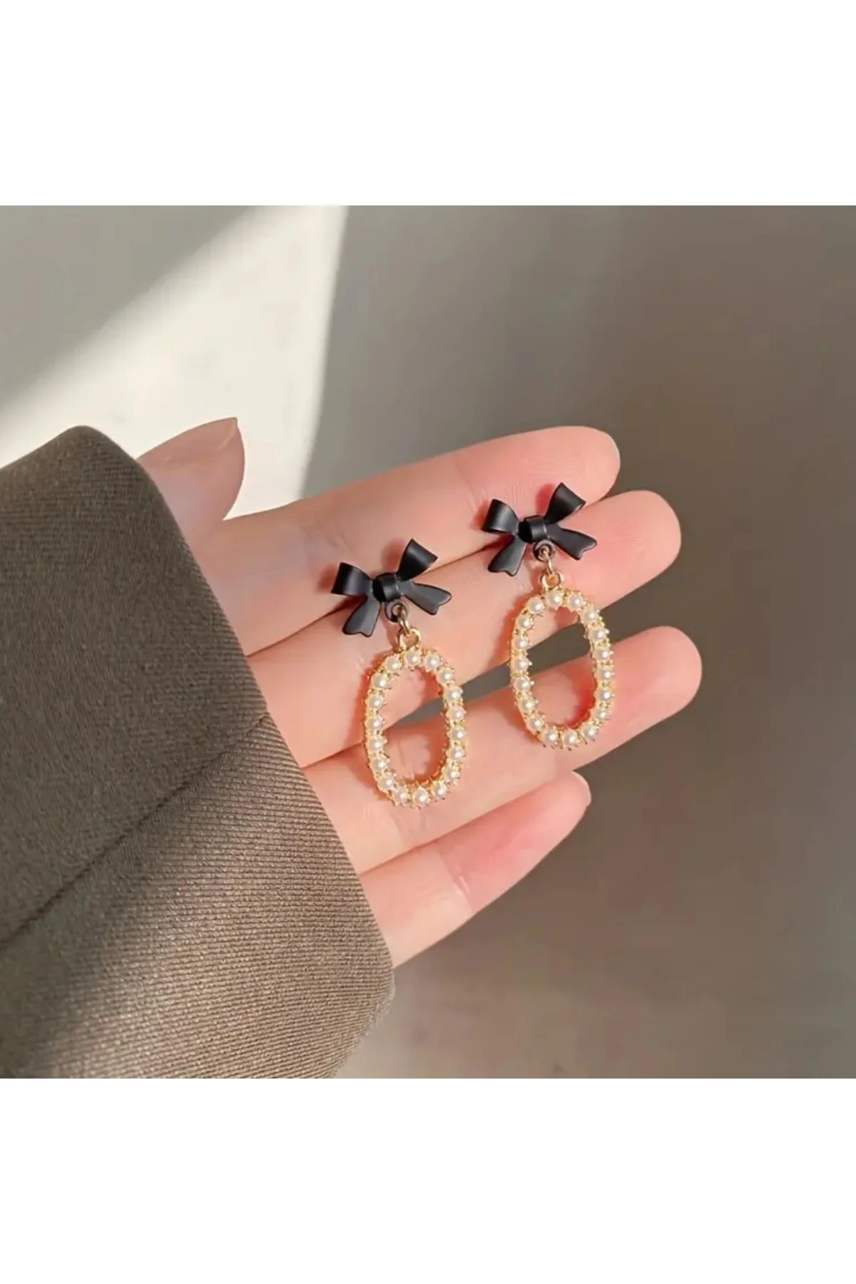 Bow Faux Küçük Inci Damlası Fiyonk Detaylı Küpeler