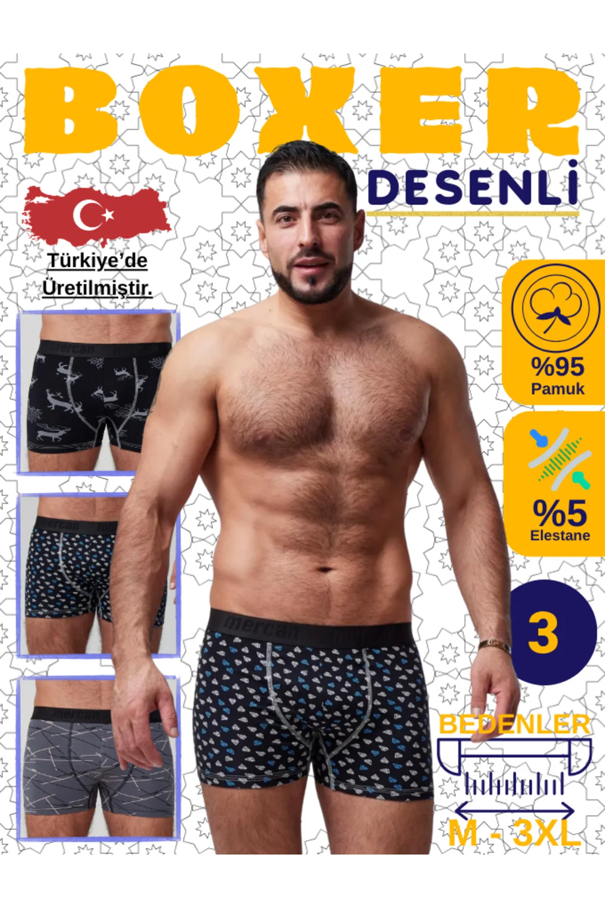 BOXER (PİRAMİT-GEYİK-MEN) DESENLİ 3'lü PAKET, Yüksek Kalite