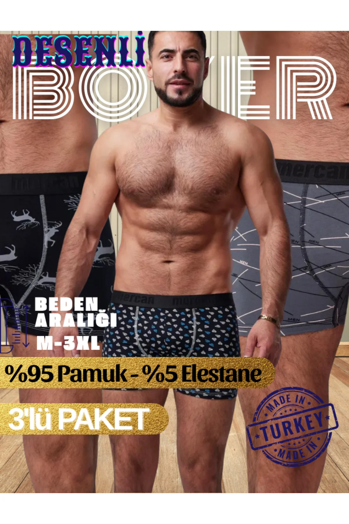 BOXER (PİRAMİT-GEYİK-MEN) DESENLİ 3'lü PAKET, Yüksek Kalite
