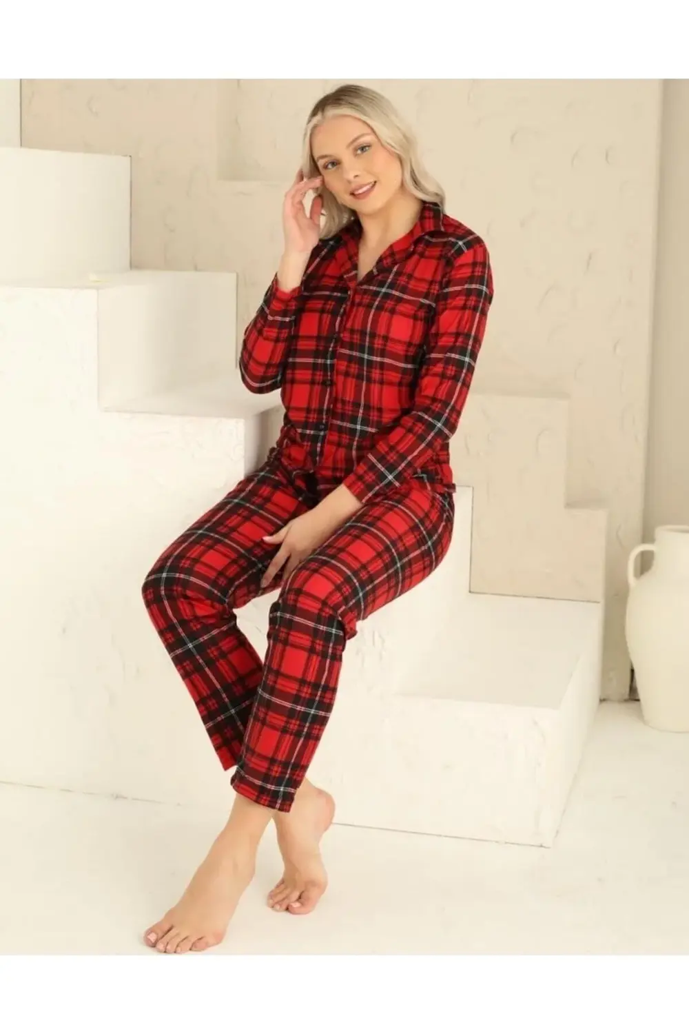 Boy Düğme Kadın Ekose Pijama Takımı 5999