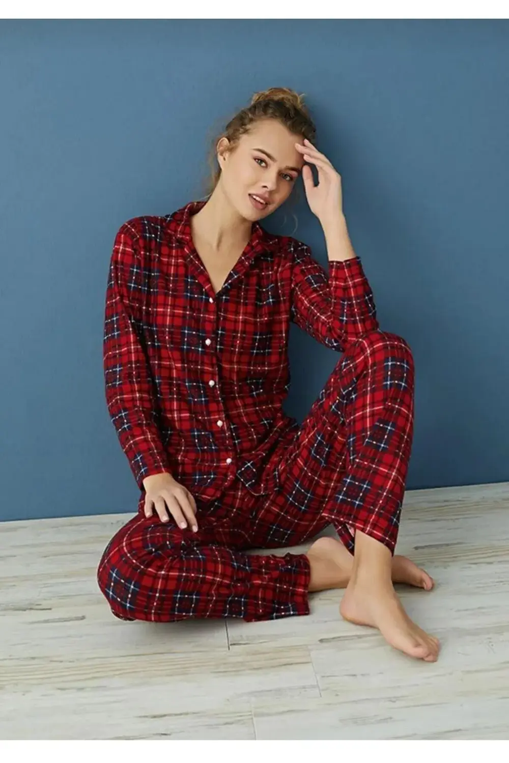 Boy Düğme Kadın Ekose Pijama Takımı 5999