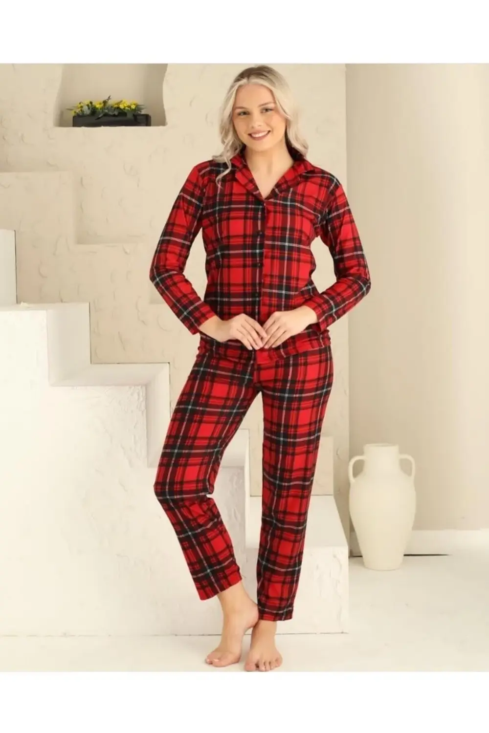Boy Düğme Kadın Ekose Pijama Takımı 5999