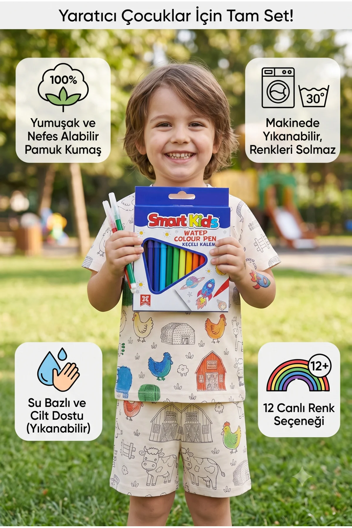 Boyanabilir Çocuk Şort Tişört Takımı - Yıkanabilir Hayvan Desenli Boyanabilir Çocuk Şort Tişört Takımı - Yıkanabilir Hayvan Desenli