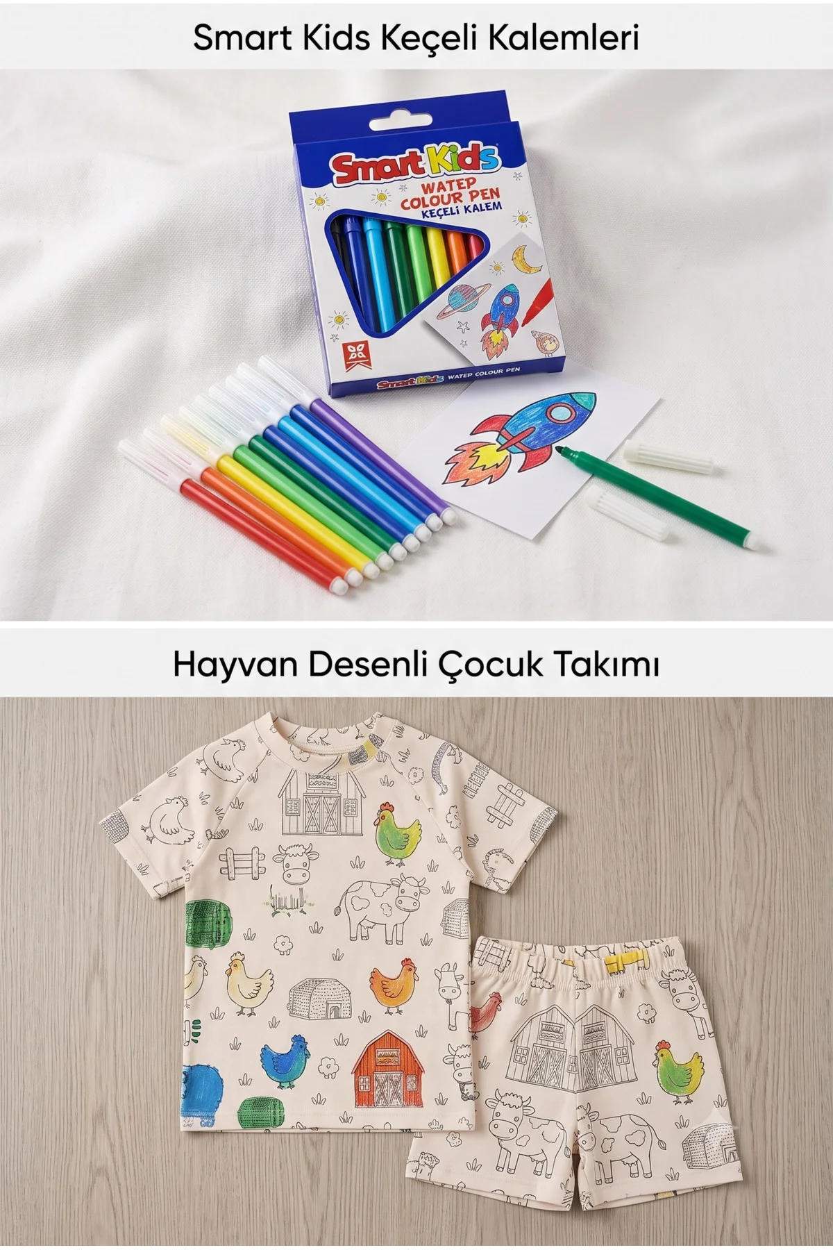 Boyanabilir Çocuk Şort Tişört Takımı - Yıkanabilir Hayvan Desenli Boyanabilir Çocuk Şort Tişört Takımı - Yıkanabilir Hayvan Desenli