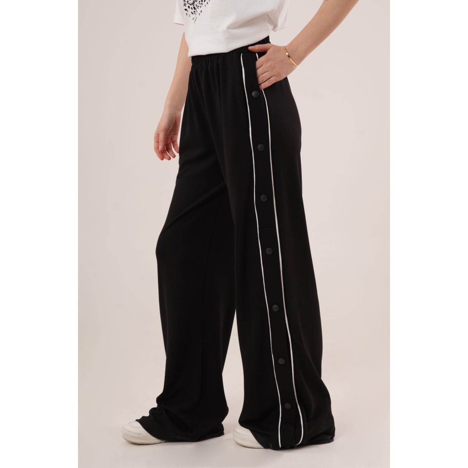 Boydan Çıtçıtlı Bel Lastikli Geniş Paça Siyah Eşofman