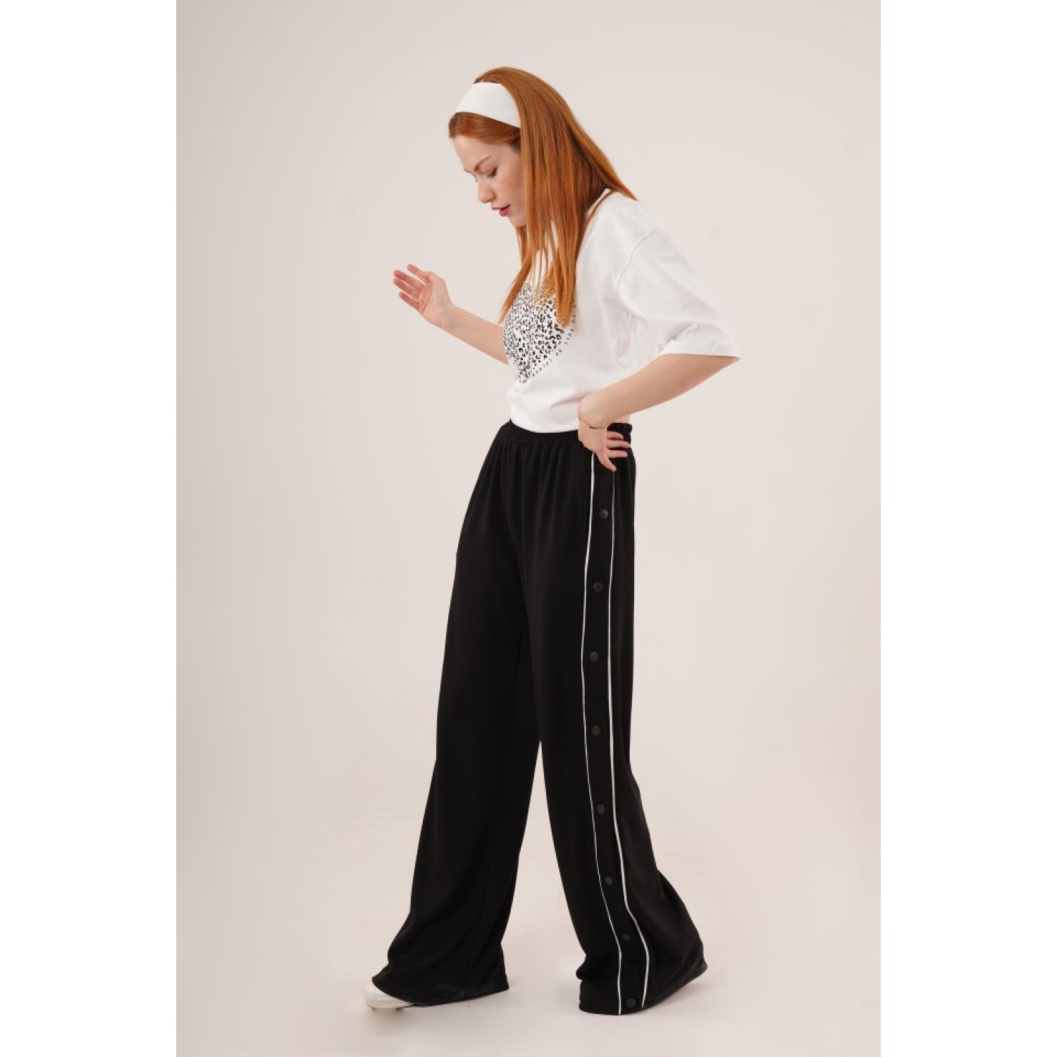 Boydan Çıtçıtlı Bel Lastikli Geniş Paça Siyah Eşofman