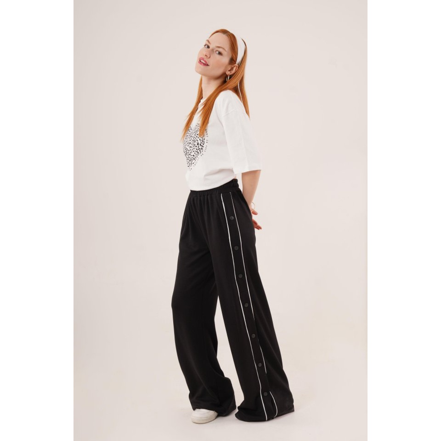 Boydan Çıtçıtlı Bel Lastikli Geniş Paça Siyah Eşofman