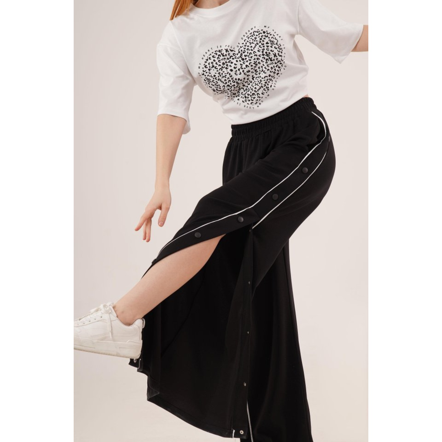 Boydan Çıtçıtlı Bel Lastikli Geniş Paça Siyah Eşofman