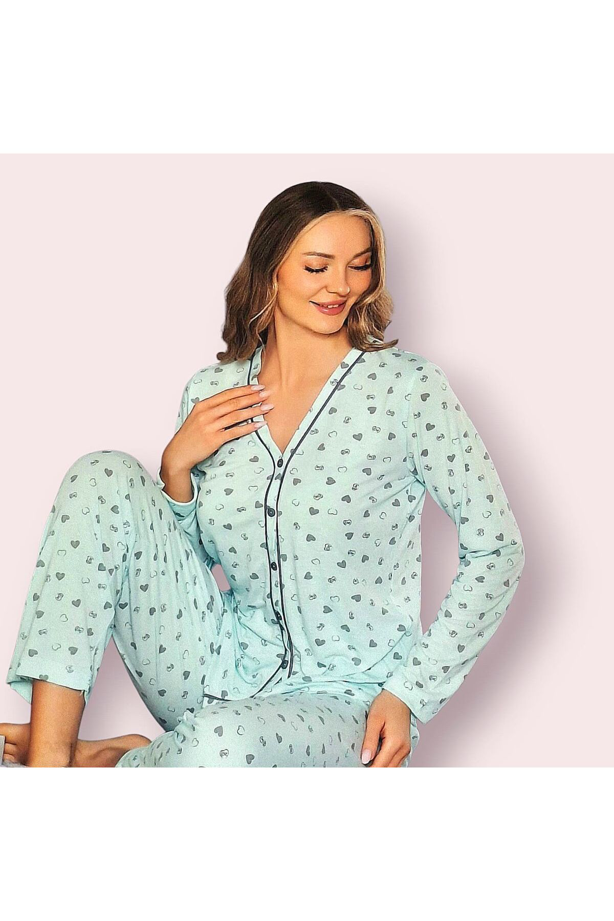 Boydan Düğmeli Uzun Kol Anne Pijama Takımı Yazlık