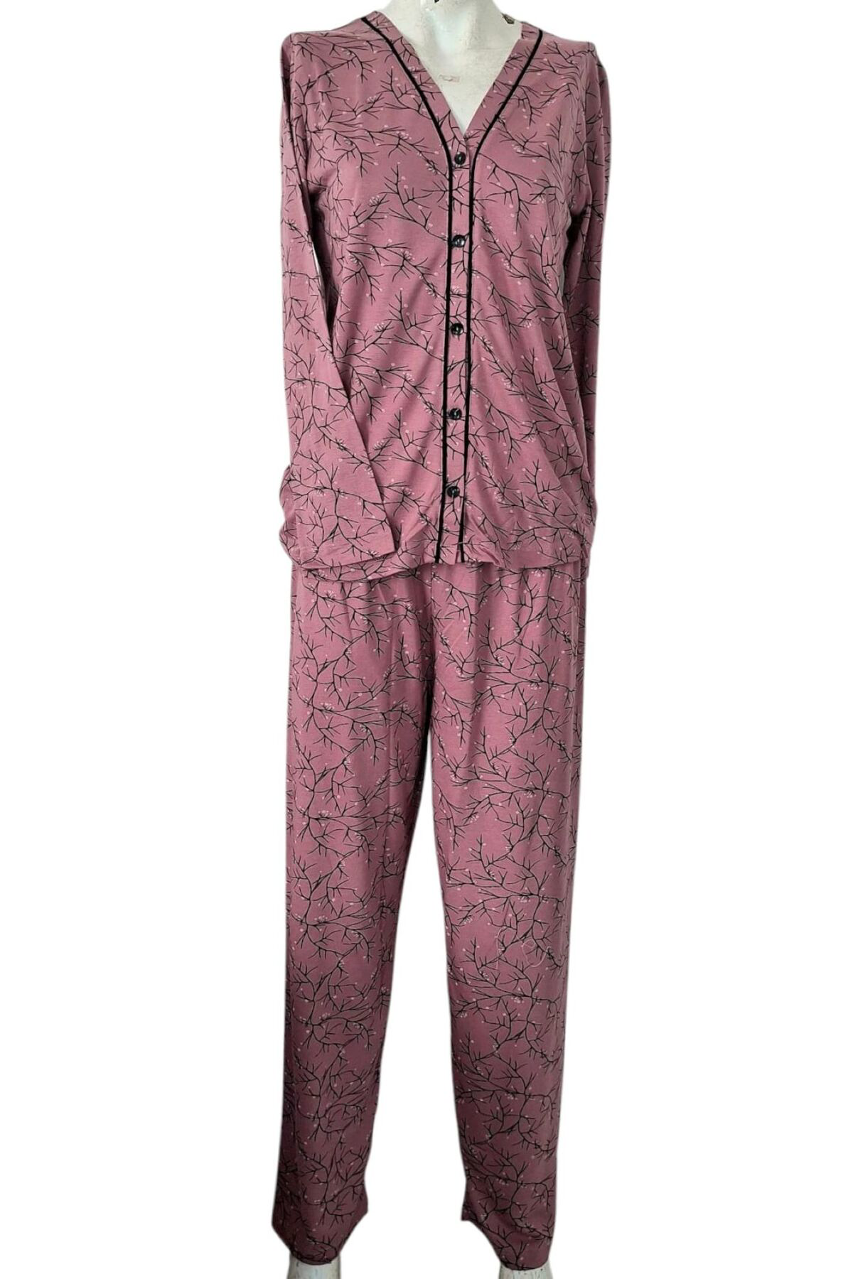 Boydan Düğmeli Uzun Kol Anne Pijama Takımı Yazlık