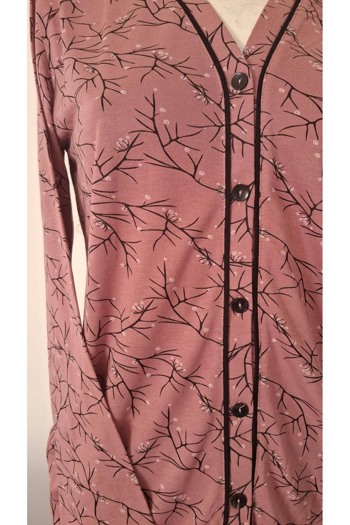 Boydan Düğmeli Uzun Kol Anne Pijama Takımı Yazlık