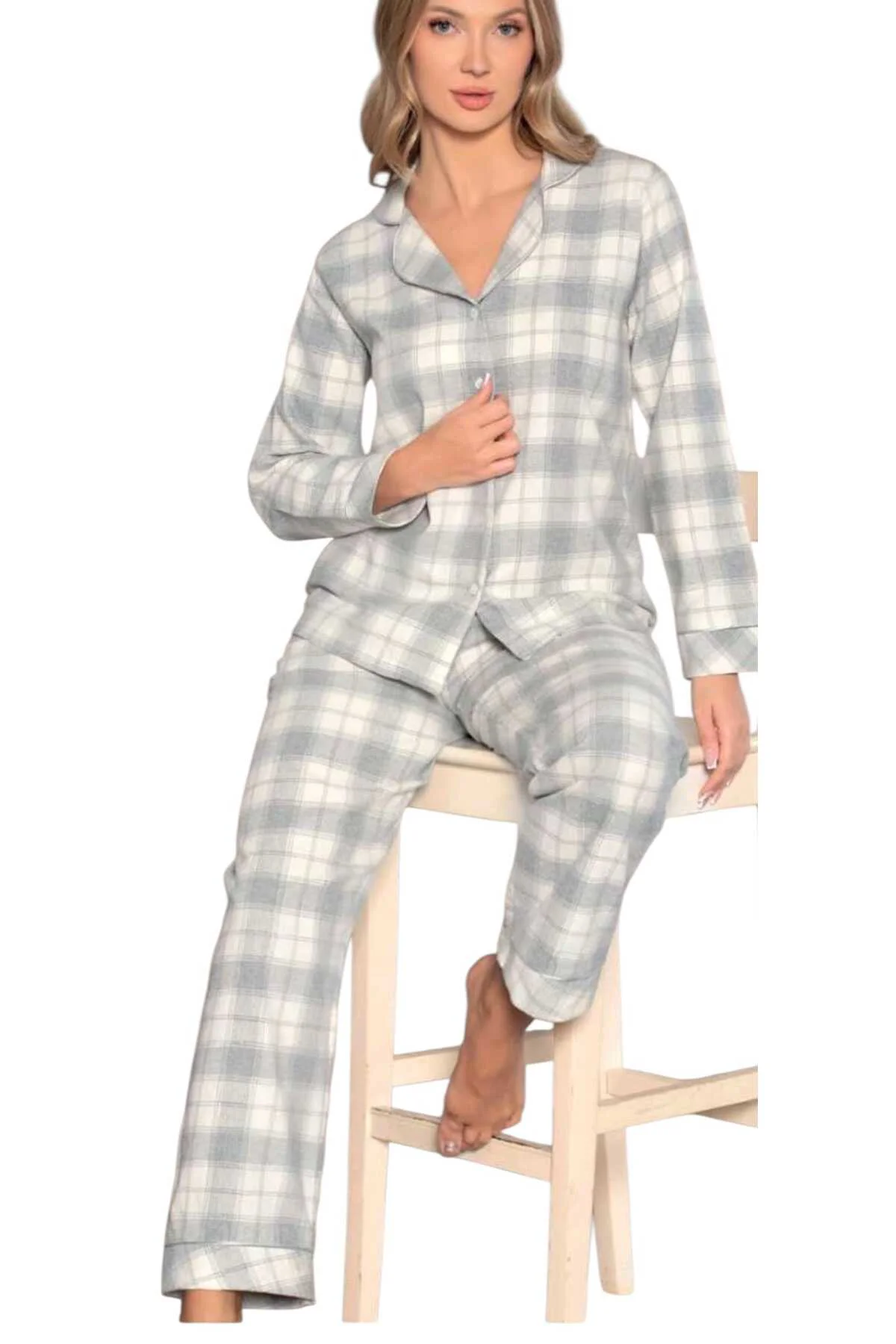 Boydan Düğmeli Uzun Kol Dokuma Pijama Takımı EKOSELİ