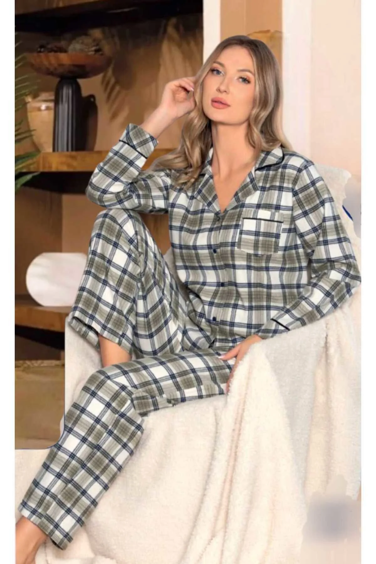 Boydan Düğmeli Uzun Kol Dokuma Pijama Takımı