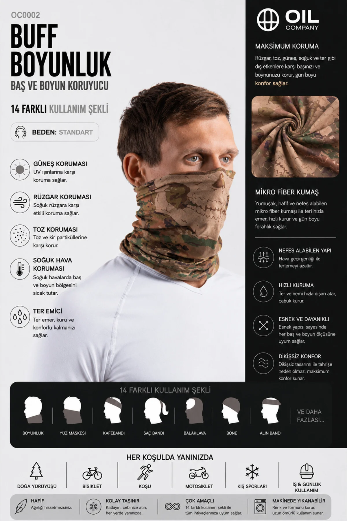 Boynu Tam Saran Nem Emici Yıpranmaz Dört Mevsim Kullanılabilir Mikrofiber Military Buff Boyunluk