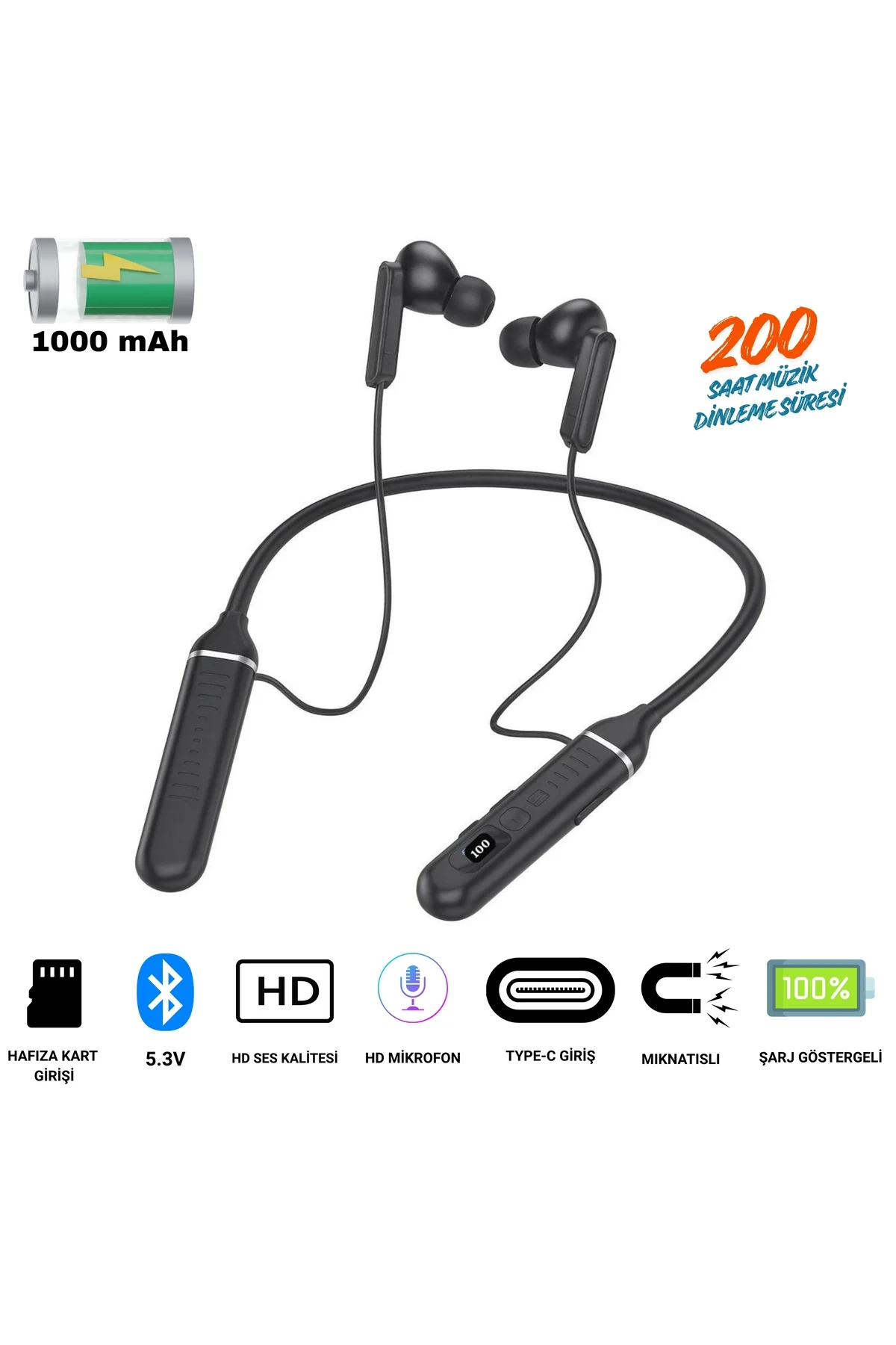 Boyun Bantlı Spor Bluetooth Kulaklık, Şarj Göstergeli ve Hafıza Kart Girişli Kablosuz Müzik Dinleme