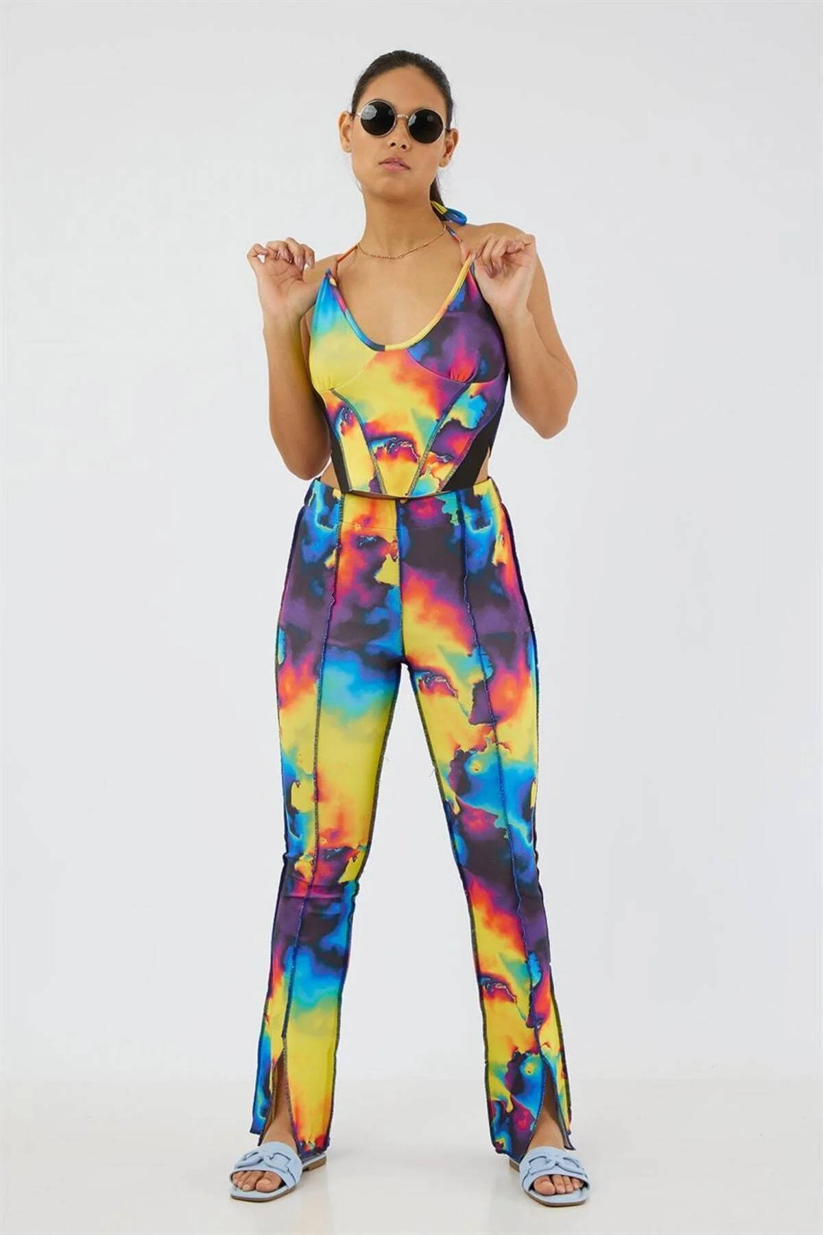 Boyundan Bağlamalı Askılı U Yaka Degrade Batik Ters Pis Dikiş Fit